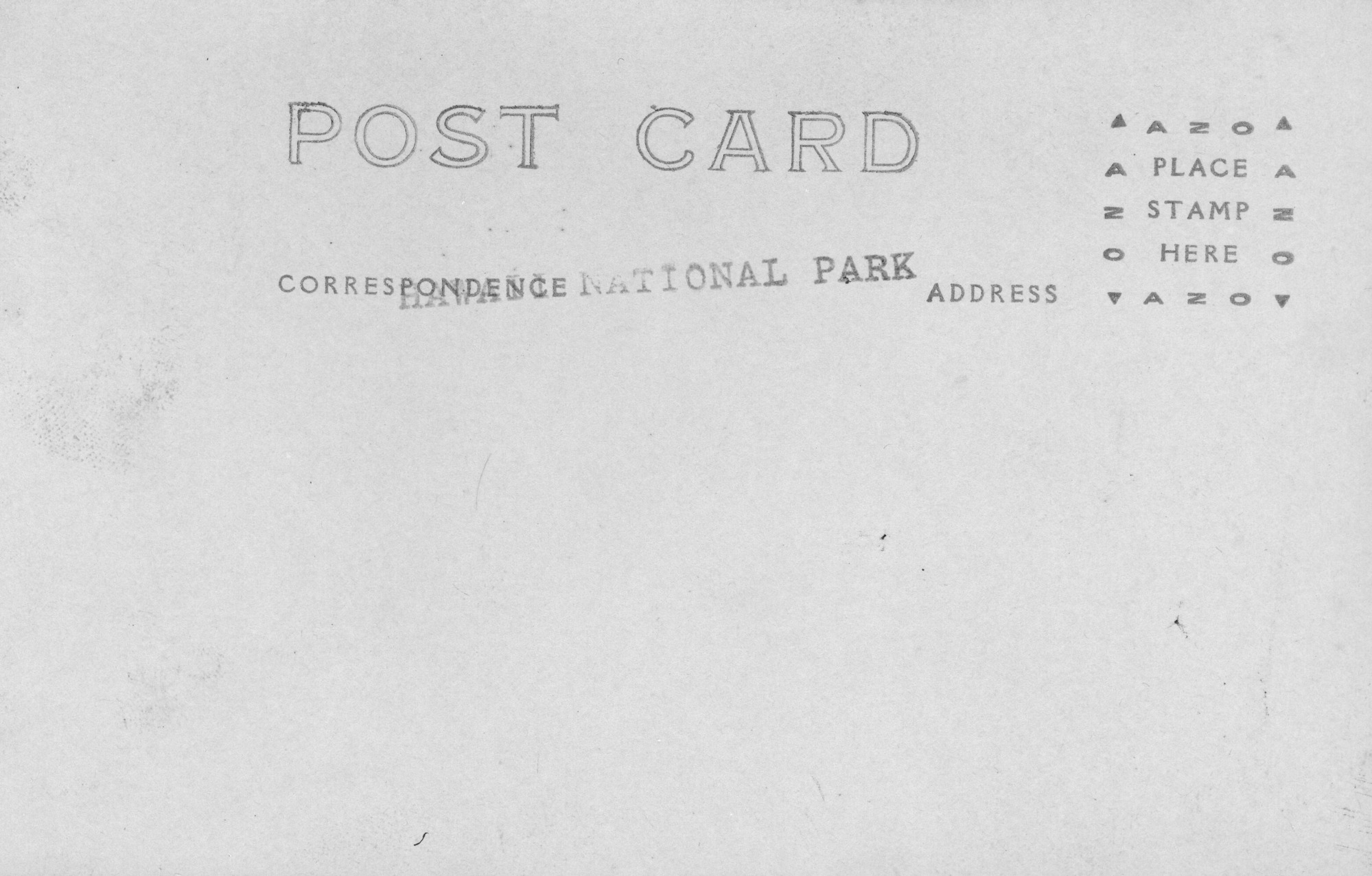 Reverse side of a post card, stamped writing reads "Post Card," "Correspondence," "Hawai'i National Park," and "Address." Stamp placement area in top right corner.