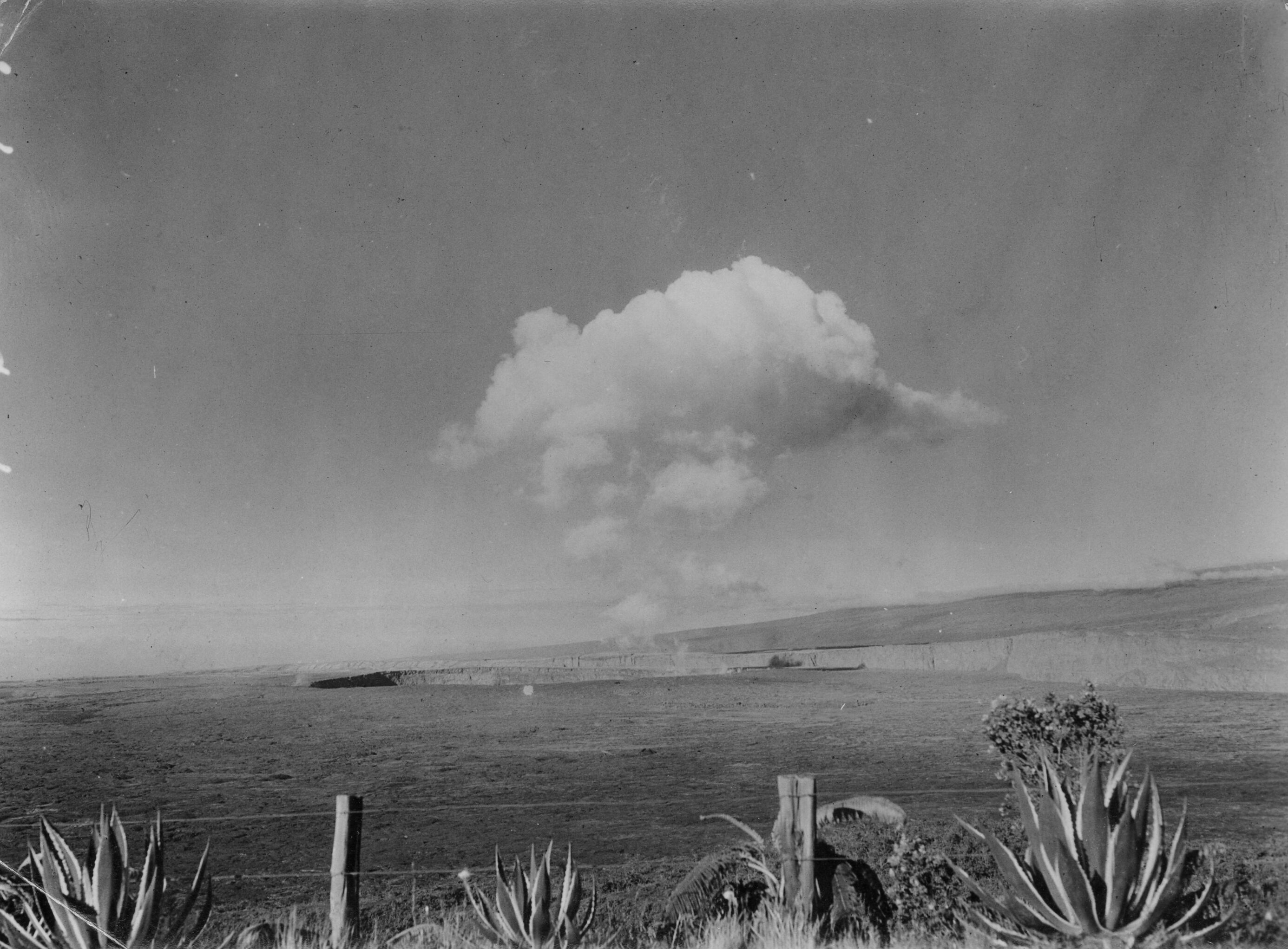 Black and white photograph of a large steam cloud emanating from Halema’uma’u crater at Kīlauea. The foreground shows short vegetation and a small wired fence with wooden posts. Beyond the fence, a vast, flat landscape stretches the horizontal of the image. In the center, a large cloud of steam rises from Halema’uma’u crater, forming a rounded, white cloud above the ground. The entire top quadrant of the photo is clear sky.