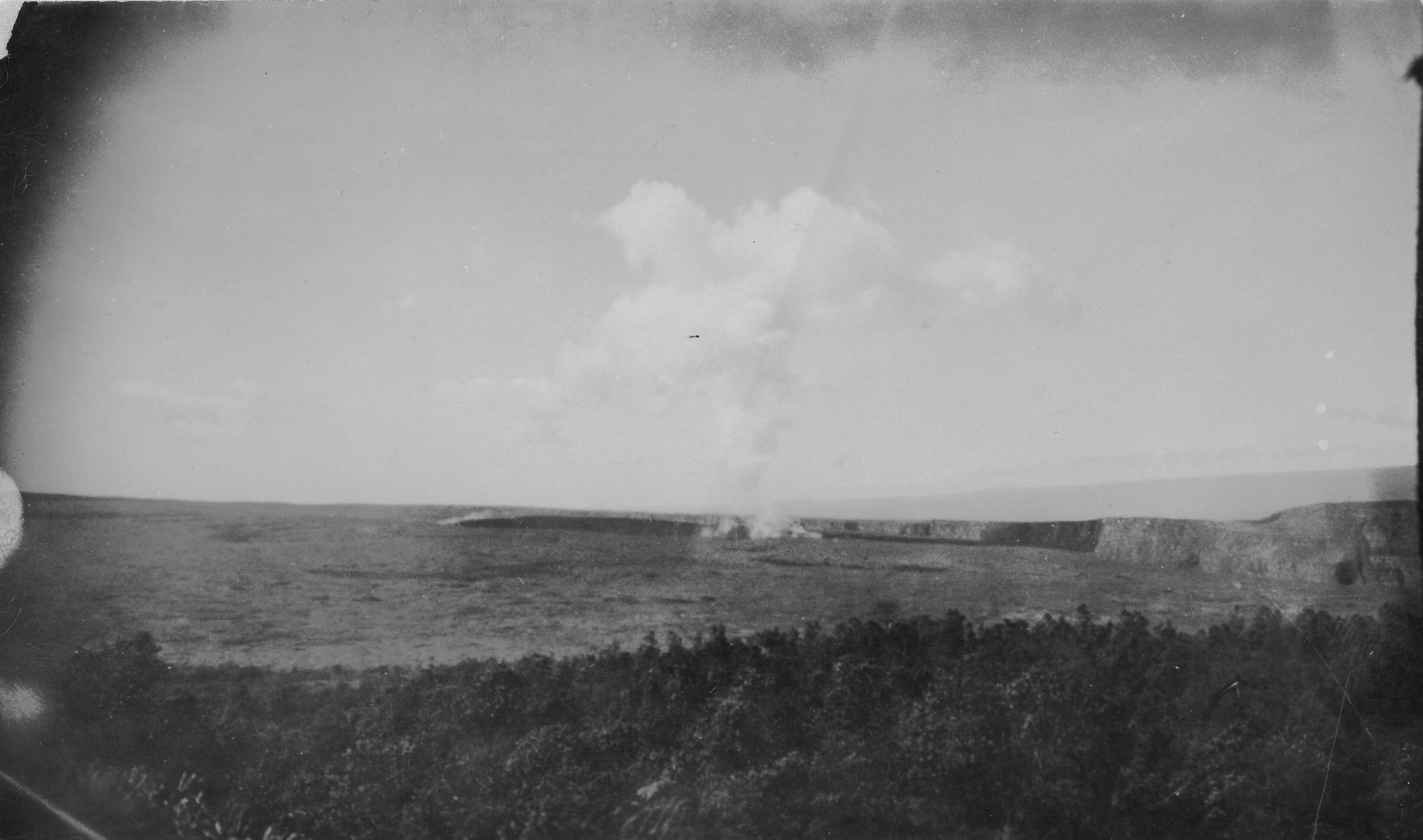 Black and white photograph of a crater at Kīlauea, Halema‘uma‘u. The forefront of the image is a dense area of trees. The tree line ends abruptly, opening up to flat, rocky land. At the center of the photograph, a singular large smoke cloud is rising from the crater below in almost a straight vertical line. A singular white cloud hangs in the sky below a dark gray cloud.