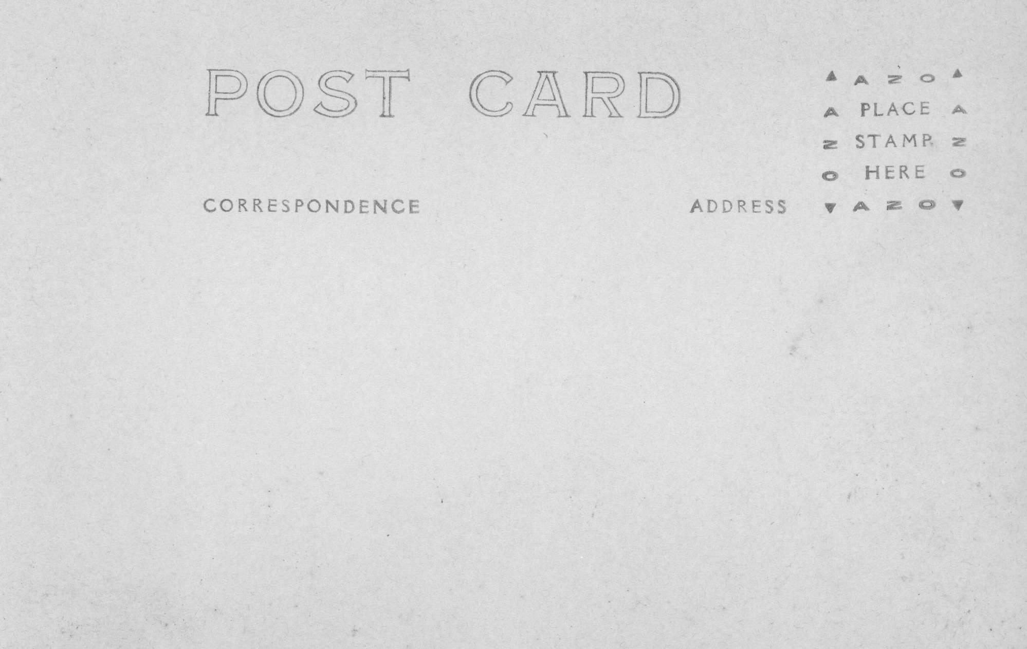 Reverse side of a post card, stamped writing reads "Post Card," "Correspondence," and "Address." Stamp placement area in top right corner.