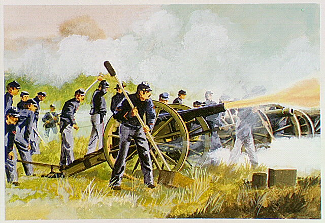 Union artillery, under command of Colonel William Babcock Hazen, firing cannons.
