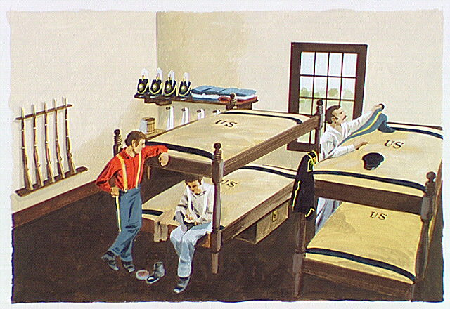 Interior of Dragoon barracks with soldiers seen relaxing.