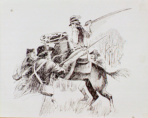 The dragoon Peter Francisco, standing up in the stirrups of his saddle, wields a 5 foot broadsword slashing right and left in a wild melee among British Guards.