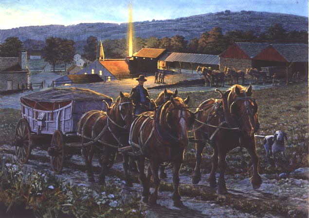 In-Blast Forge activity. The scene depicts the activity at the furnace at night and shows a loaded freight wagon being pulled by a team of draft horses.