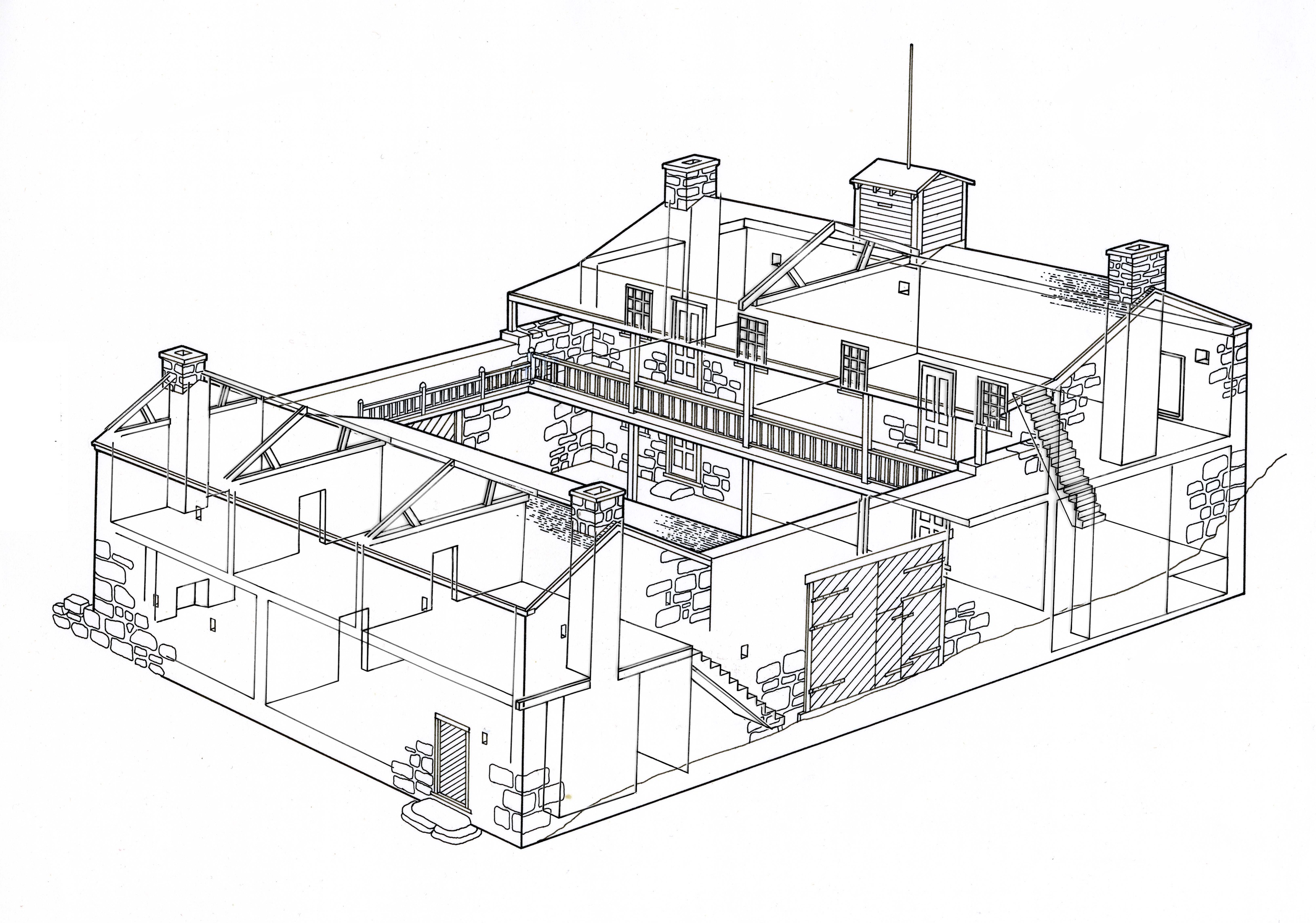 Aerial cutaway diagram of Winsor Castle, about 1872. Image shown is a composite of the base illustration of the exterior and courtyard of the structure as well as the interior schematic overlay.