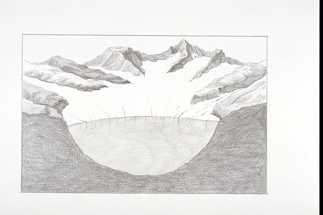 Scene depicts the hanging valley of Rainbow Creek during glaciation.