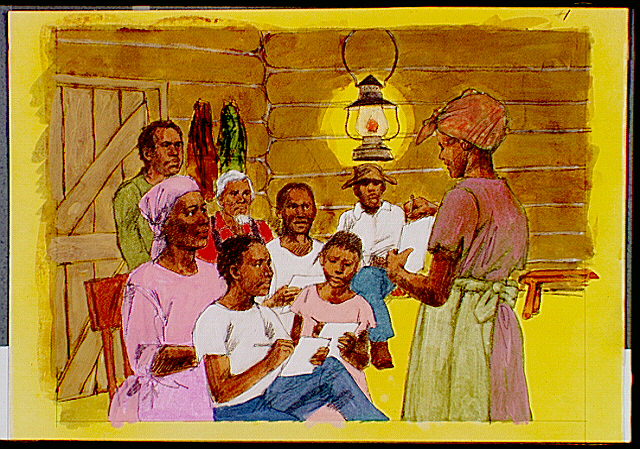 African American students (slaves and former slaves), both young and old, secretly learning to read and write.
