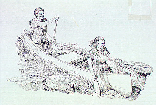 Illustration depicts male and female canoeists paddling in moderate whitewater wearing "Stearns"-type life jackets.