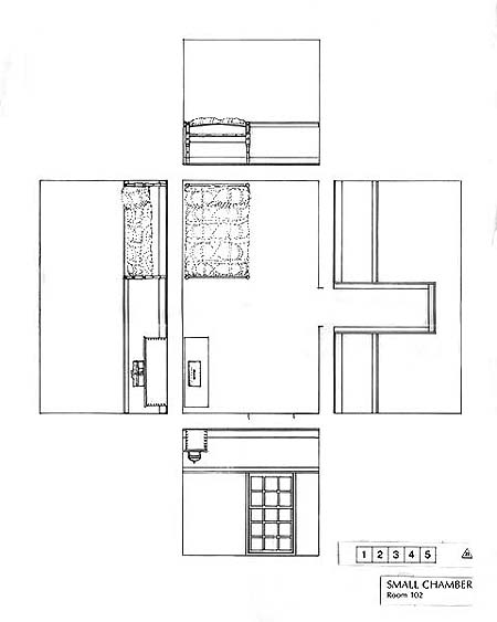Interpretive Period: 1770-1810. Illustration depicts the floor plan of Room 102, the small room, with exploded wall elevations.
