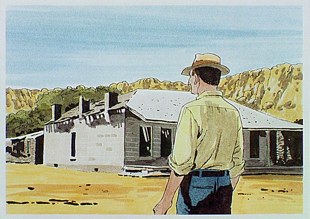 Modern man looking over ruins of house #64. The efforts of the Fort Davis Historical Society helped preserve many of the structures from extensive vandalism or complete deterioration.