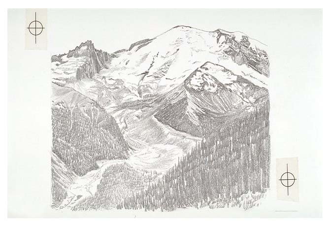 Base art showing Mount Rainer with an overlay depicts various climbing routes to the summit.