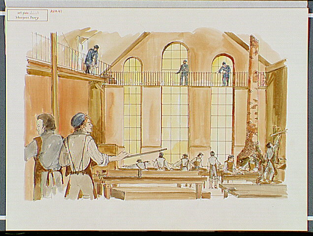 Men in Armory making guns while Soldiers watch from above.