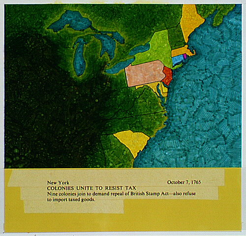 Map showing the nine colonies that joined together on October 7, 1765 to demand the repeal of the British Stamp Act and refused to import taxed goods.