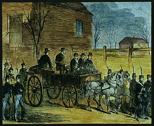 John Brown, seated on his casket, is taken by horse-drawn wagon and escorted under armed guard through the streets of Charles Town, Virginia to the site of his hanging (execution).