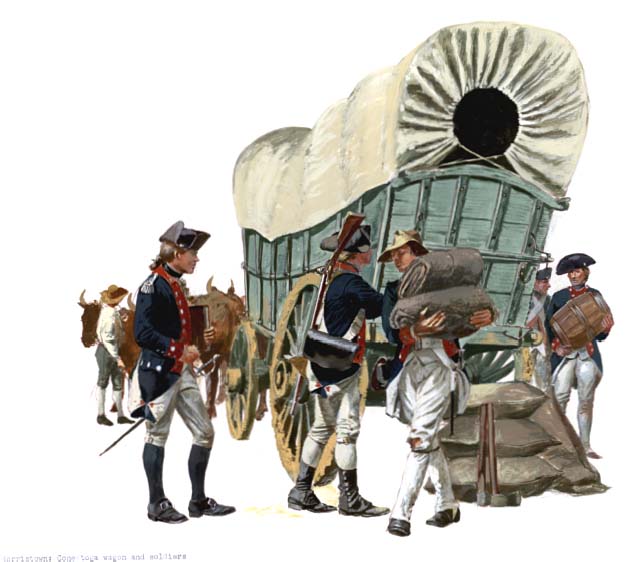 Continental soldiers unloading military provisions from a Conestoga wagon.