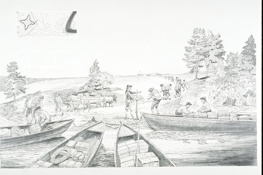 American troops unloading a shipment of provisions at the Mohawk River on August 2, 1777.