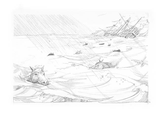 Conceptual illustration depicts ponies swimming away from a wrecked Spanish galleon.