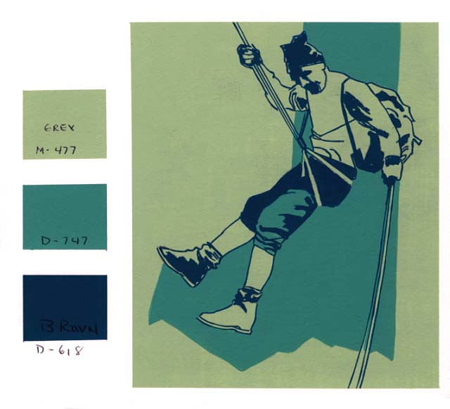 A mountaineer rappelling down rock face.