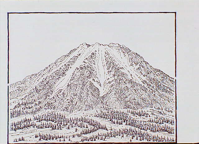 One section of a four-part illustration showing how the glacial "notches" on the caldera wall were formed. Glaciers formed on the upper slopes, growing larger during the Ice Age.