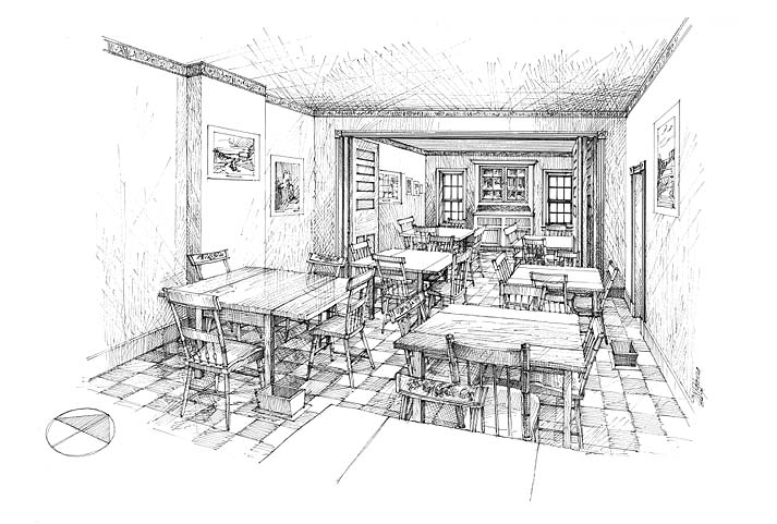 Interpretive Period: 1830-1850. Illustration depicts the double dining room in the Lemon House.