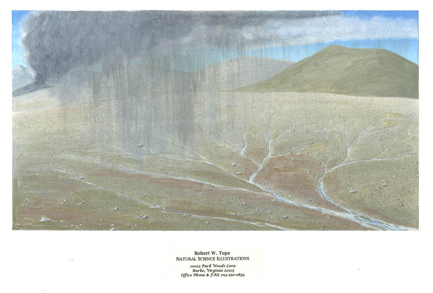 One high-altitude perspective illustration in a series of three depicts the geologic progression of the Lava Cliffs and Fall River Canyon