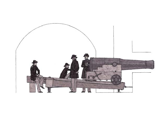 A heavy gun mounted on a wooden carriage in casement with four figures seated or standing with a gun. A preliminary exists of this illustration.