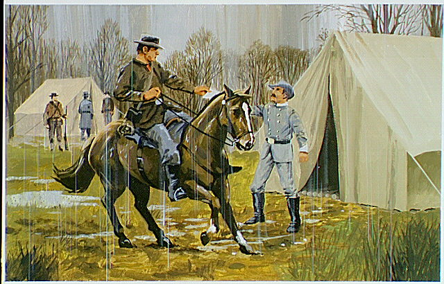 A mounted soldier delivering a message to an officer at Confederate General Braxton Bragg's headquarters.