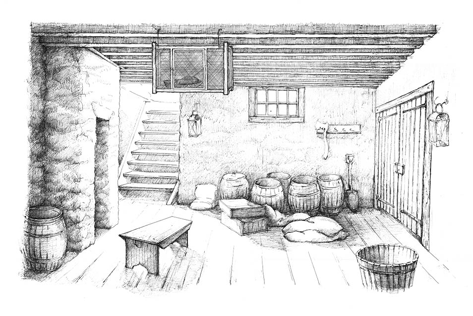 A drawing reconstructing the basement level of Franklin Court.