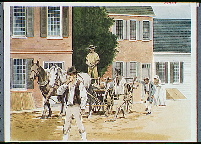 Colonial street scene with men and a horse-drawn flat bed wagon hauling dead bodies with weeping woman walking behind the wagon. Black slaves were often given the task of handling the dead victims of Yellow Fever.
