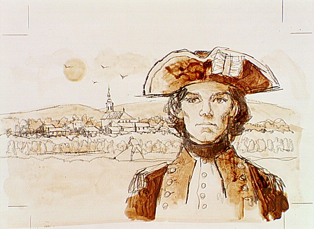Portrait of Colonel of Engineers, Thaddeus Kosciuszko in military uniform superimposed over a town. The Polish military engineer designed and constructed American defense works during the American Revolution.