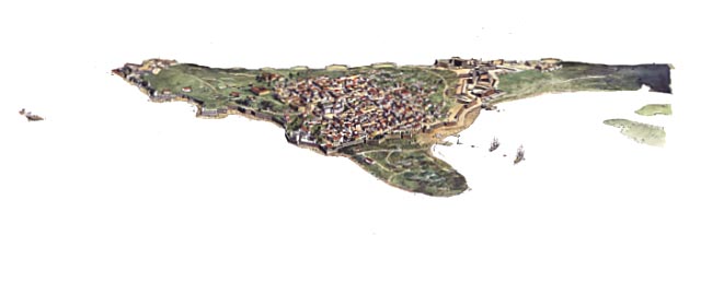 Aerial plan of Old San Juan from San Juan Bay as it appeared in the early 1790s