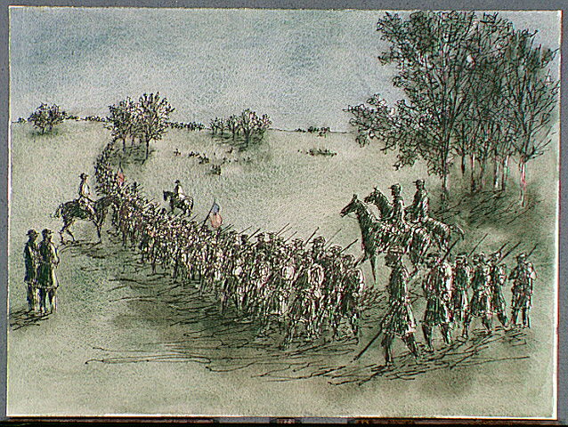 Scene showing Union troops going into bivouac (camp) at night.
