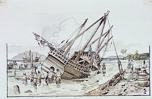 "Pinta's" rudder repair at Las Palmas, Grand Canary.