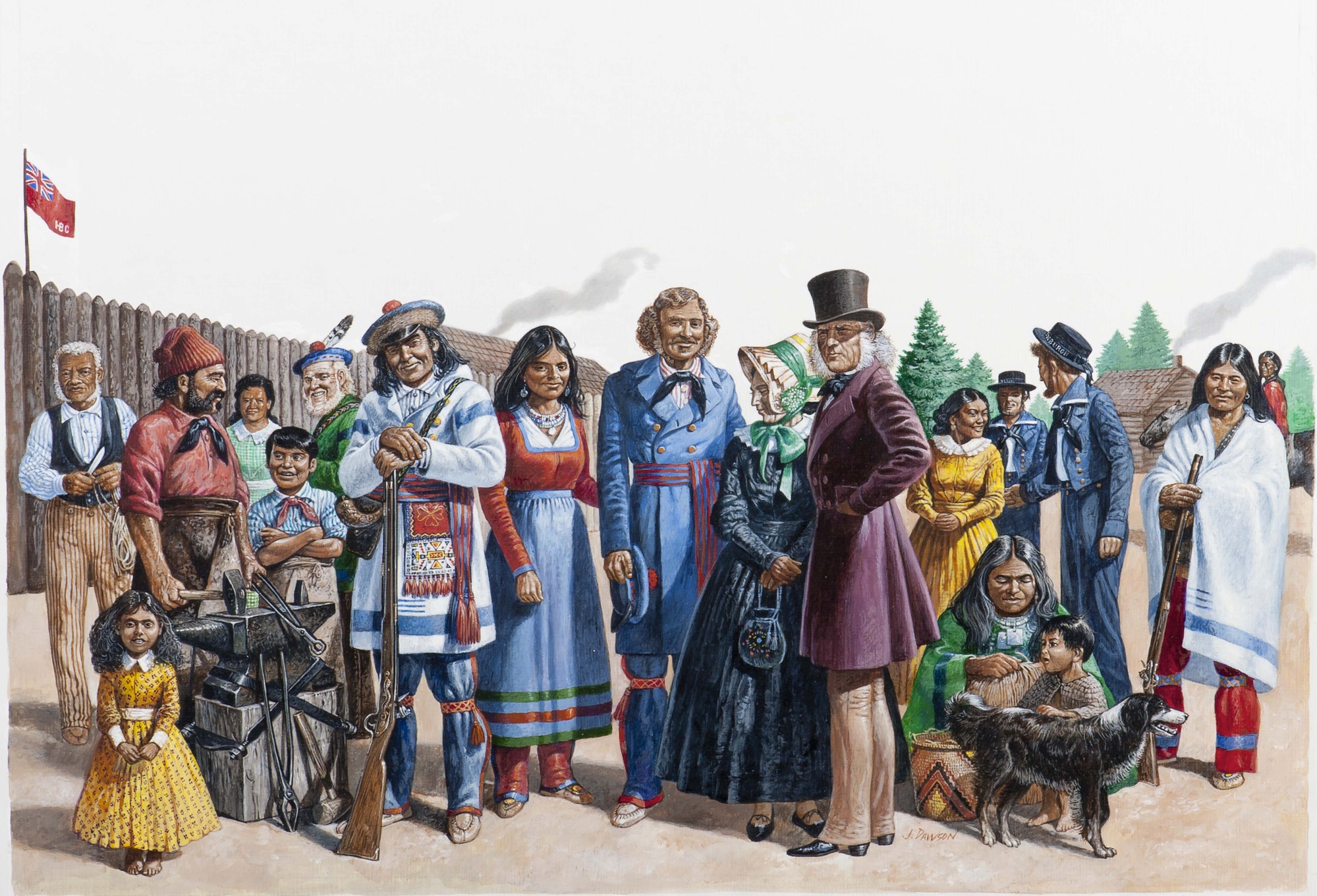 People of Fort Vancouver, c1830-1840s. Mélange of eighteen people of various professions representing Englishmen, Scotsmen, Irishmen, French-Canadians, Americans, Native Indians from a number of tribes, Hawaiians, and people of mixed ancestry.