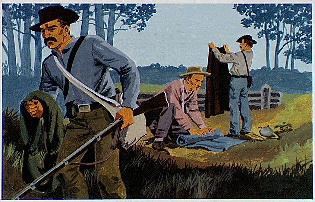 Confederate troops folding up sleeping blankets and breaking camp.