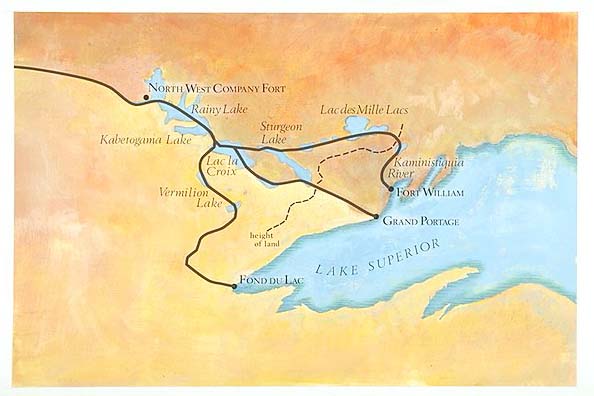 Map depicts areas around Lake Superior. Shown are locations of the North West Company Fort, Fort William and Grand Portage areas.