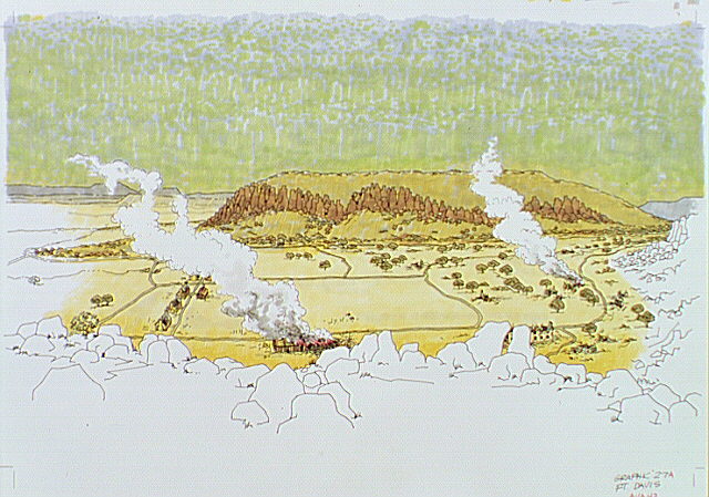 View from distance of burning buildings at Fort Davis.