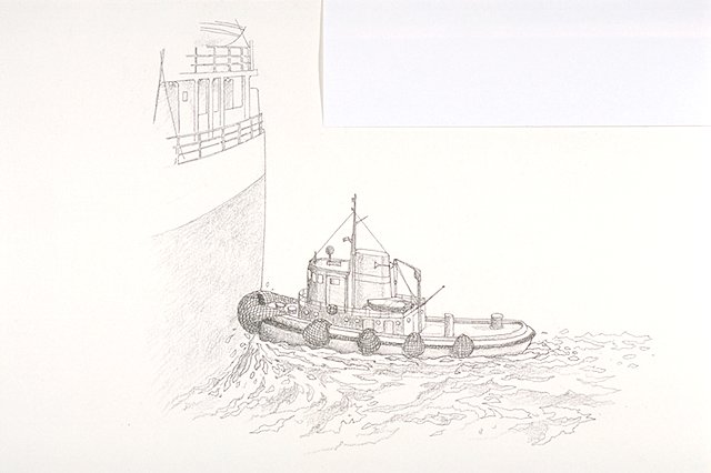 A harbor tug assisting in the docking of a cargo vessel.