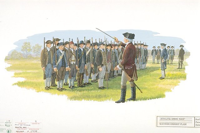 Scene may depict Captain John Parker's company of militiamen awaiting the arrival of the British on Lexington Green on the morning of April 19, 1775.