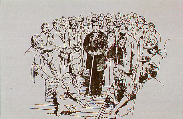 Gathering to watch Thomas Durant and Governor Leland Stanford drive the "golden spike." Accompanied by chief engineers Samuel S. Montague of the Central Pacific Railroad, and Grenville M. Dodge of the Union Pacific Railroad.