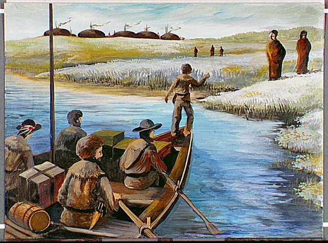 Men arriving by boat to Mandan Indian village.