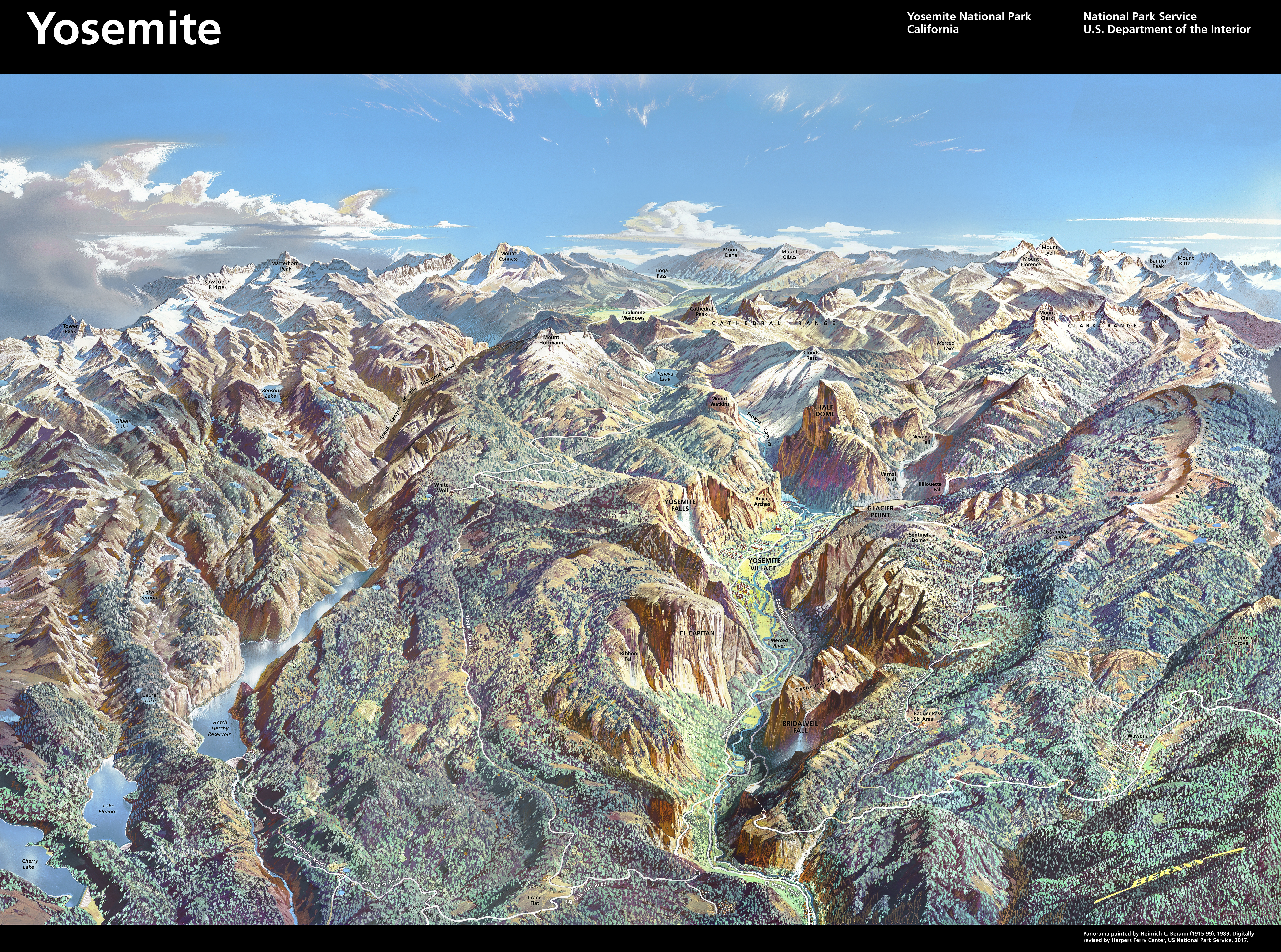 Yosemite National Park Berann panorama - with labels