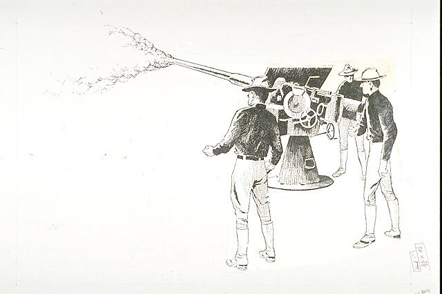 One of two 3-inch rapid-fire rifles (with crew) of Battery Trueman mounted at Fort Pickens to defend the channel and submarine minefield.