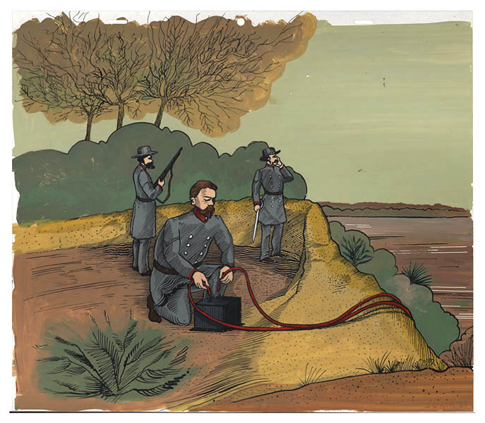 Confederate soldiers setting mines in water from river bank.