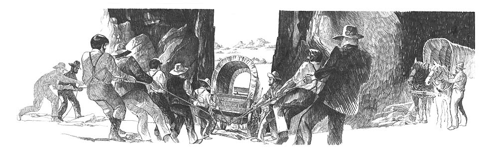 Scene depicts Mormon pioneers lowering a wagon, one of about 80, down Hole-in-the-Rock.