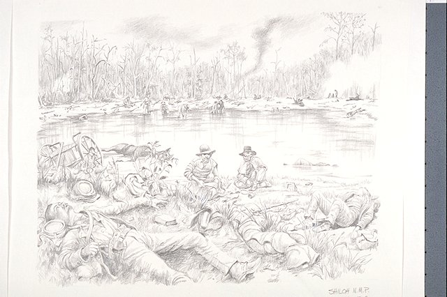 Conceptual art of Bloody Pond immediately after the Battle of Shiloh: scene depicts the blood-stained water littered with the carnage and debris of war: