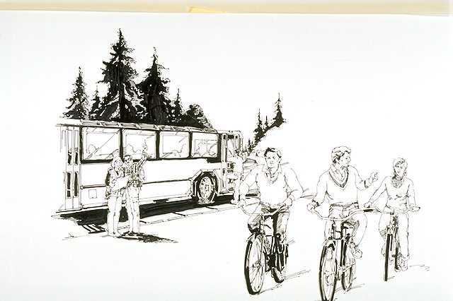 Scene depicts tourists outside of shuttle bus with bicyclists riding past them.