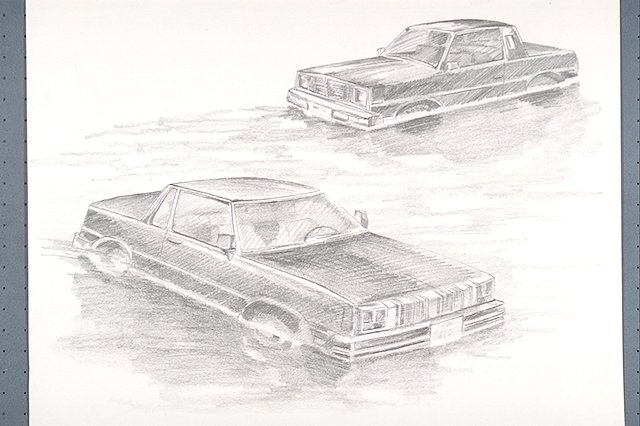 Two conventional 2-wheel drive automobiles (cars) stuck in the sand with a rising tide.