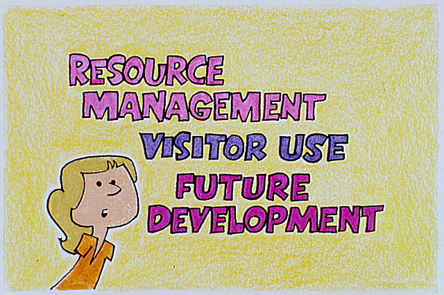A woman with the words "Resource Management, Visitors Use, and Future Development" floating beside her.