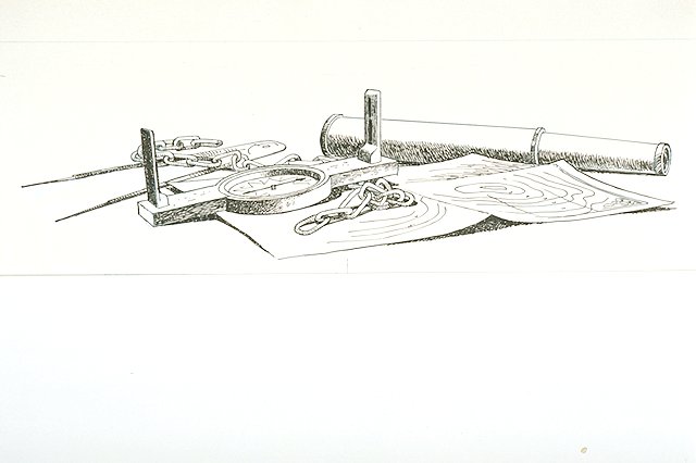 Several surveyor's instruments including a telescope, directional compass, chain, and compass as well as a topographic chart laying on a table.